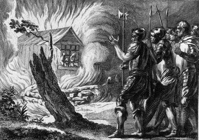 Clotaire (Clothaire) I (497-561), król Franków, kazał spalić w chacie swojego syna Chramne, który zbuntował się przeciwko niemu i jego rodzinie. Około 560. Rycina z XVIII wieku. autorstwa French School