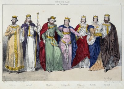 Clotaire (Clothaire) I, Caribert, Chilperic, Fredegonde, Clotaire II, Nantilde, Dagobert I - w „La monarchy francaise en estampes” ” autorstwa French School