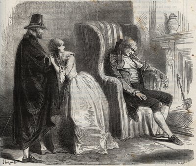 Clotilde Sprengel i Zacharie Bergmann obserwują niemieckiego lekarza Petrusa Schultza śpiącego przed XVIII wiekiem. Grawer z 1871 r. w „Histoire Des Cocuses Celebres” Henry