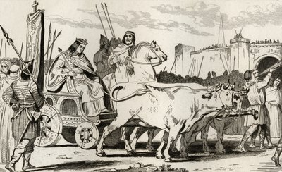 Clovis III (682-95) w rydwanie ciągniętym przez woły, z Pepinem II z Herstalu (ok. 714) jadącym obok niego, z „Histoire de France” Colarta, wydanej ok. 1840 r. autorstwa French School