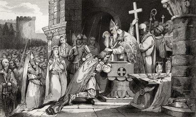 Clovis I (465-511) ochrzczony wraz z mężczyznami ze swojej armii przed bitwą pod Tolbiac, z „Histoire de France” Colarta, wydanej ok. 1840 r. autorstwa French School