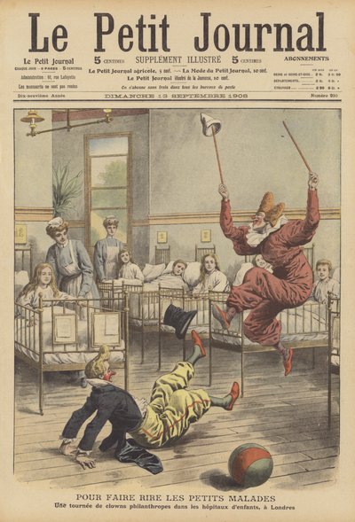 Klauni zabawiający chore dzieci w szpitalu w Londynie (kolorowa litografia) autorstwa French School