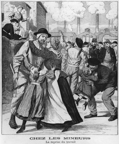 Górnicy wracają do pracy, ilustracja z Le Petit Journal, początek XX wieku autorstwa French School