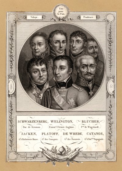 Koalicyjni dowódcy wojskowi wojen napoleońskich: Fabian Gottlieb von der Osten-Sacken, rosyjski generał piechoty; Matwiej Płatow, rosyjski generał dowódca Kozaków Dońskich; Karl Philipp von Wrede, generał Bawarii; Francisco Javier Castanos, Sp autorstwa French School