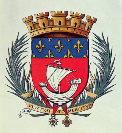 Herb miasta Paryża z dewizą Fluctuat Nec Mergitur (miotana falami nie tonie) autorstwa French School