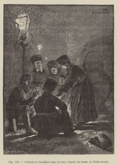 Woźnicy grzejący się na ulicach (grawerowanie) autorstwa French School