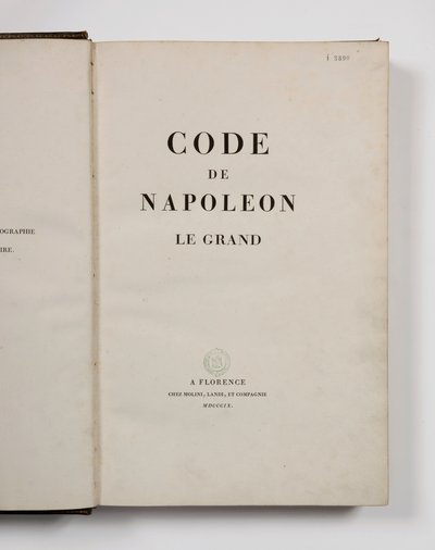 Kodeks Napoleona Wielkiego, otwarty na stronie tytułowej, opublikowany Florencja, Molini, Landi et Cie, 1809 autorstwa French School