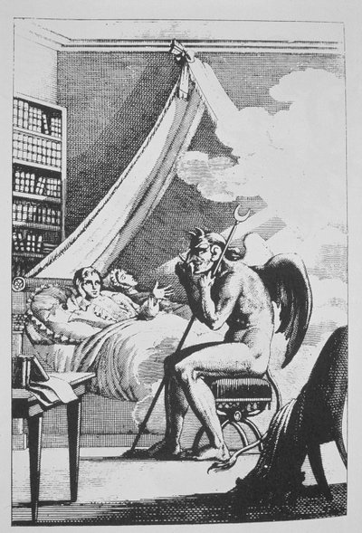 Collin de Plancy (1793-1887) rozmawiający z diabłem, z Le Diable Peint par Lui-meme (1825) zilustrowany w historii magii opublikowanej pod koniec XIX wieku autorstwa French School
