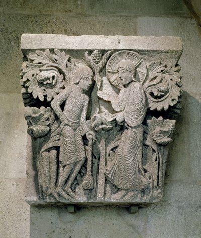 Kapitel kolumny przedstawiający Chrystusa i Jakuba Mniejszego, ok. 1125-30 (wapień) autorstwa French School