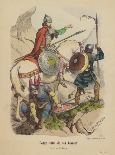 Hrabia, a następnie jego wasale, od VIII do IX wieku (kolorowy grawerunek) autorstwa French School