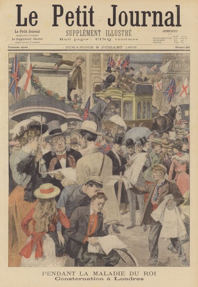 Zaniepokojenie w Londynie z powodu choroby króla Edwarda VII (kolorowa litografia) autorstwa French School