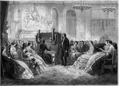 Koncert „fortepianowej orkiestry elektromotorycznej” jej wynalazcy J.B. Schalkenbacha w obecności Napoleona III i Impress Eugenie de Montijo. Palais de Saint Cloud autorstwa French School