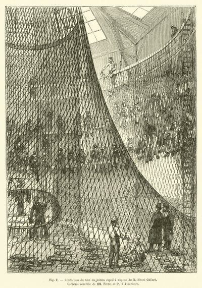 Wykonanie sieci uwięzionego balonu parowego M Henri Giffard, Corderie centrale MM Fretet et Ce, w Vincennes (rycina) autorstwa French School