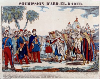 Podbój Algierii (1830-1847): poddanie Abd el-Kadera (Abd-el-Kader lub ibn Muhyi al-Din al-Hasani) (1807-1883) księciu Aumale i armii francuskiej w dniu 24 stycznia /1848. Rycina z kolekcji prywatnej z końca XIX wieku autorstwa French School