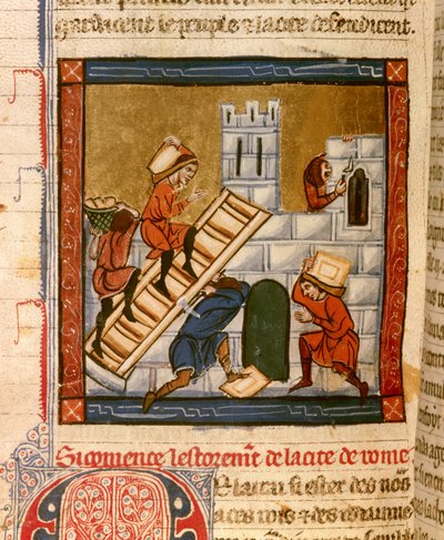 Budowa Rzymu. Miniatura rękopisu „Histoire ancienne à la Cesar”, około 1260-1270, napisana przez urzędnika dworu Rogera IV, kasztelaina z Lille (1208-1230), autor mógł być dla niektórych Wauchierów Denaina. Dijon, Monachium autorstwa French School