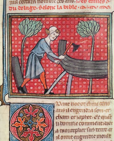 Budowa łodzi, z Bible Historyle autorstwa Guiart des Moulins autorstwa French School