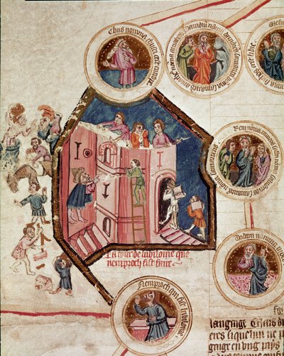 Miejsce budowy wieży Babel w Babilonie Strona zaczerpnięta z manuskryptu "Genealogia Biblii" szkoły francuskiej. XIV wiek Cremone, biblioteca governativa autorstwa French School