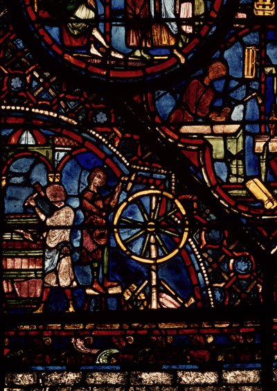 Bednarze przy pracy, fragment z okna Życie św. Juliana Szpitalnika w północnym ambulatorium autorstwa French School