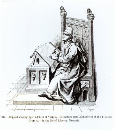 Kopista piszący na kartce welinowej, z rękopisu, ilustracja z Nauki i literatury w średniowieczu i renesansie, napisany i rytowany przez Paula Lacroix, 1878 (bw p autorstwa French School