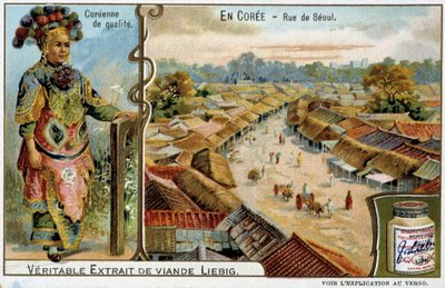Coree: Ulica Seulu i strój kobiecy - chromo Liébig, v.1900 autorstwa French School