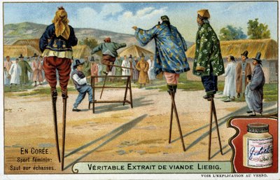 Coree: kobiecy sport skoków na szczudłach - chromo Liébig, v.1900 autorstwa French School