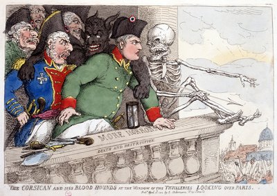Korsyka i jej krwiożercze spojrzenie na Paryż przez okno Tuileries - w "Napoleon I", karykatury, kolekcja manekinów, ok. 1814-1815. autorstwa French School