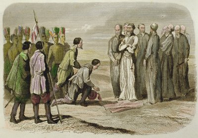 Cortes u stóp Martina de Valencia (ręcznie barwiony grawerunek) autorstwa French School