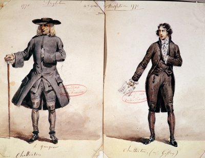 Projekt kostiumu do pierwszej produkcji Chattertona Alfreda de Vigny (1791-1863): Quaker i Geffroy jako Chatterton, 1835 (wc na papierze) autorstwa French School