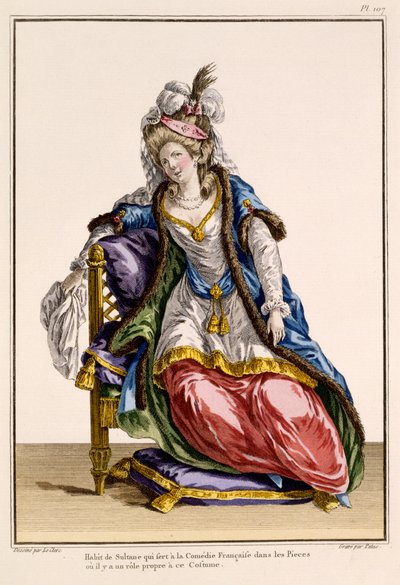 Kostium dla żony sułtanów w La Comedie Francaise, grafika Patusa (ręcznie kolorowana grawerunek) autorstwa French School