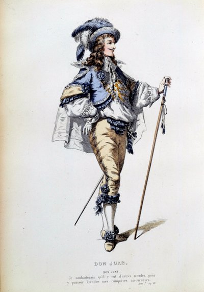 Kostium dla postaci Don Juana ze sceny 2 aktu I utworu o tej samej nazwie Jean Baptiste Poquelin dit Moliere (1622-1673). Rycina XIX-wiecznego Paryża, Comedie francaise autorstwa French School