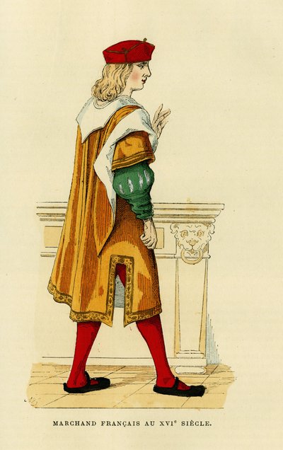 Kostium francuskiego kupca w XVII wieku. Kolorowa rycina w "France et les francais a travers les centuries" Augustina Challamela, redaktora F.Roya, Paryż 1882. Kolekcja Selva. autorstwa French School