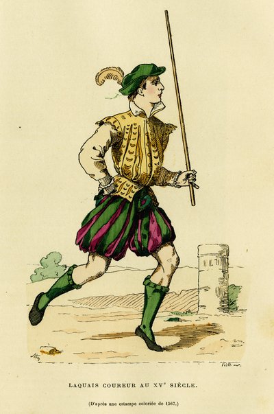 Kostium lokaja z XV w., któremu powierzono bieganie przed powóz, aby uwolnić drogę i ogłosić przejście szlachcica lub lorda. Grawerowanie kolorem, w „France et les francais a travers les century”” Augustin Challamel, F.Roy ed autorstwa French School