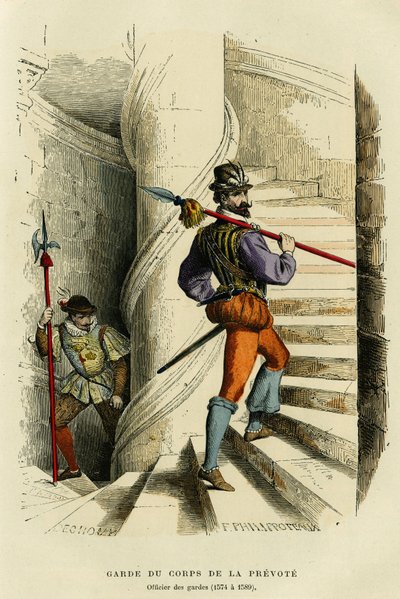 Strój ochroniarza prevota, a następnie oficera gwardii (1574 i 1589). Grawerowanie kolorem, w „France et les francais a travers les siecles” Augustina Challamela, redaktora F.Roya, Paryż 1882. Kolekcja Selva. autorstwa French School
