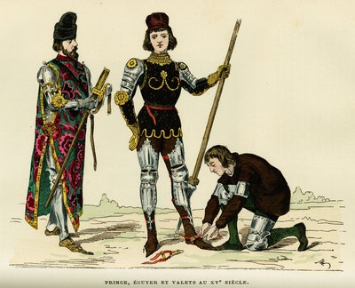 Kostiumy księcia, jego ecu i lokaja w XV wieku. Grawerowanie kolorem, w „France et les francais a travers les Century” Augustina Challamela, redaktora F.Roya, Paryż 1882. Kolekcja Selva. autorstwa French School