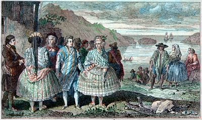 Stroje mieszkańców Poczęcia (Chile) - Atlas du Voyage de La Perouse (Laperouse) na całym świecie w latach 1785-1788, Paryż 1797. autorstwa French School