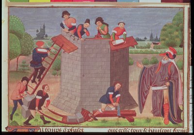 Cott Aug V fol.22 Budowa wieży Babel, miniatura z „Le Tresor des Histoires” (welum) autorstwa French School