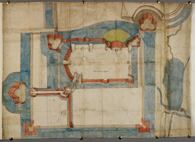Bawełna August I ii 52, Kolorowy plan zamku Guînes ok. 1540 (pergamin) autorstwa French School