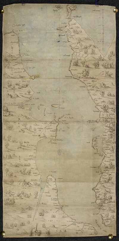 Cotton Augustus I ii f.65 Mapa kanału La Manche (południowe wybrzeże Anglii i północne wybrzeże Francji) autorstwa Jean Rotz autorstwa French School