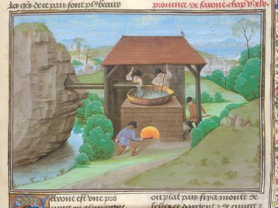Bawełna Augustus V, f.363 Szopa Solna z patelnią i piecem, ilustracja z „Le Tresor des Histoires...” (welum) autorstwa French School