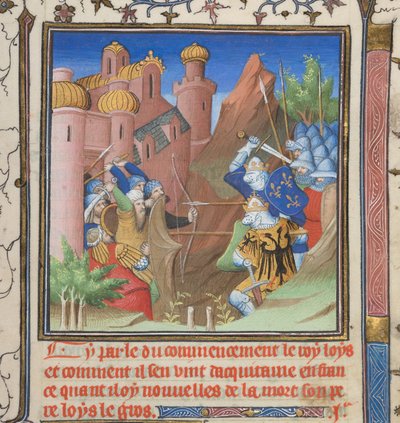 Bawełna Nero E II pt.1, f.222, Bitwa Ludwika VII i jego ojca, z Grandes Chroniques de France autorstwa French School