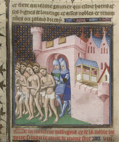 Bawełna Nero E. II pt.2, f.20v Wypędzenie albigensów z Carcassone w 1209, z „Grandes Chroniques de France”, c.1415 (tusz, kolor i złoto na papierze) autorstwa French School
