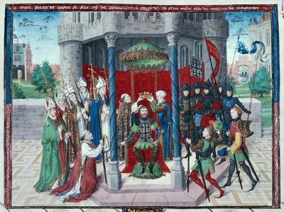 Hrabia Jean de Brienne, miniatura z "Les chroniques de Jherusalem abregies", ok. 1450 (tempera na welinie) autorstwa French School