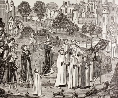 Hrabia Renier niosący ciało św. Weroniki do kościoła św. Waudru w Mons, z książki „Życie wojskowe i religijne w średniowieczu” Paula Lacroix, opublikowane w Londynie ok. 1880 r. autorstwa French School