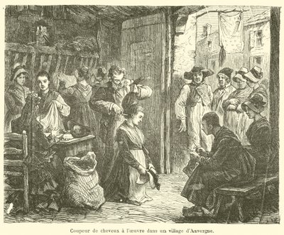 Fryzjer przy pracy na wsi w Owernii (grawerowanie) autorstwa French School