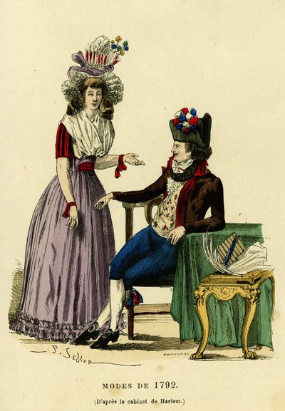 Para w modzie z 1792 roku. Kolorowa grawerunek według rysunku gabinetu Harlemu, w „France et les francais a travers les siecles” Augustina Challamela, redaktora F.Roya, Paryż 1882. Kolekcja Selva. autorstwa French School