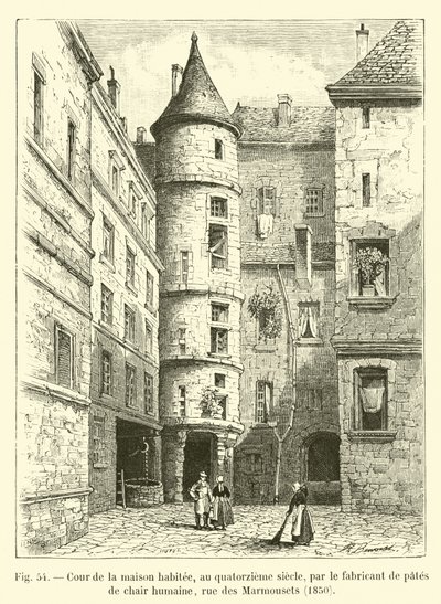 Dziedziniec domu zamieszkiwanego w XIV wieku przez wytwórcę makaronu z ludzkiego mięsa, rue des Marmousets, 1850 autorstwa French School