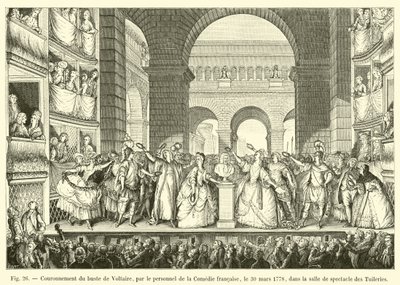 Koronacja popiersia Woltera przez personel Comedie francaise 30 marca 1778 r. w sali widowiskowej Tuileries autorstwa French School