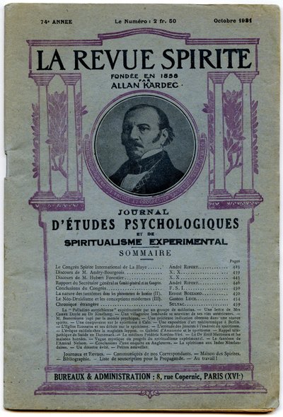 Okładka numeru „La revue spirite”, portret założyciela Allana Kardeca, magazyn z października 1931 autorstwa French School