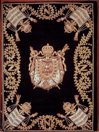 Okładka jednego z dwunastu oryginalnych wydań „Code civil des francais”” ogłoszonego przez Napoleona Bonaparte 21.03.1804. Oprawiony aksamitnym haftem ze złota i srebra z godłem sprawiedliwości i herbem cesarza. Francuska ustawa o prawach obywatelskich. B. autorstwa French School