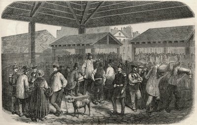 Tworzenie mięsa rzeźniczego na targu rue des Prouvaires w 1. dzielnicy Paryża - Grawerowanie w „Tableau-de-Paris” autorstwa Edmonda Texiera 1852 autorstwa French School